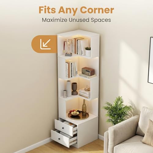 4 Tier Corner Bookshelf with Drawers, L Shaped Freestanding Corner Bookcase with LED Lights and Baffle, Space Saving Display Shelf for Living Room, Bedroom, Home Office, Kitchen(White) - style: White-with drawers