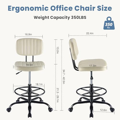 DUMOS Armless Drafting Chair, Standing Desk Chair, Rolling Stool | Ergonomic Low Back Office Seat, Height Adjustable with Footrest Ring, PU Leather, Swivel Wheels, Studio Lab Counter, Beige - color: Beige