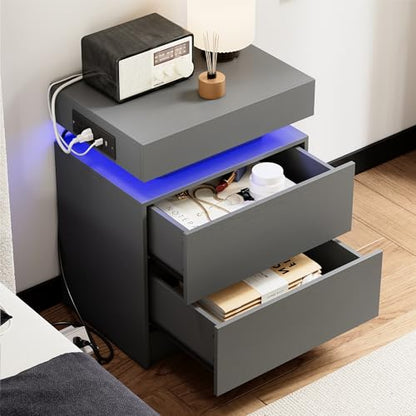 LIKIMIO Nightstand with Charging Station LED Light and 2 Drawers Grey | charging station; LED light; 2 smooth glide drawers; 13.8 D x 18.9 W x 23.6 H in; Grey wood grain - color: Grey
