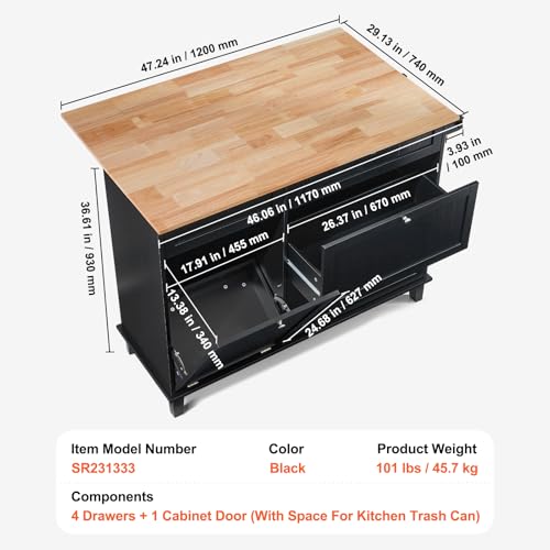 VEVOR Kitchen Island Cart, 50" Wood Top Breakfast Bar with Trash Cabinet Tilt Out 10 Gallon Storage, Farmhouse Dining Living Room Table with Drop Leaf, Towel Bar, Drawer, Black - color: Black