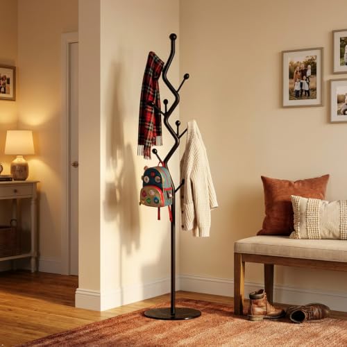 Black Tree Meta Coat Rack with Marble Base Freestanding Hall Tree | Multi-Hook Entryway Organizer for Hallway, Bedroom, Living Room (All Black) - color: All Black