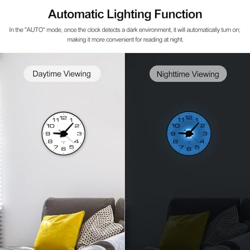 JoFomp Lighted Wall Clocks Battery Operated, 8 Inch Small Wall Clock for Bedroom Night Glow, Night Light Wall Clock Silent, Glow in Dark Wall Clocks for Living Room Decor, Light Sensor - Auto Lighting - size: 8 Inch