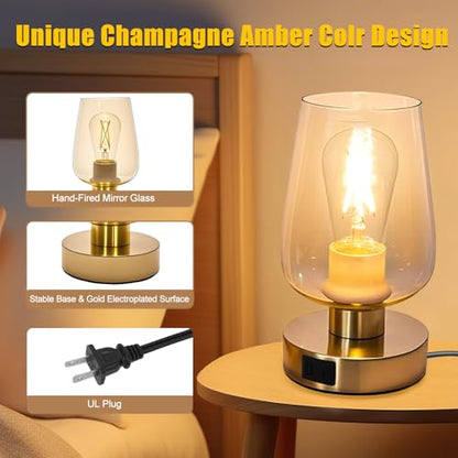Touch Bedside Table Lamp with Glass Shade, Gold Modern Small Lamp for Bedroom Living Room Nightstand, 3 Way Dimmable Desk Lamp with USB C+A+AC Outlet Charging Ports, 800LM LED Bulb Included - color: Gold