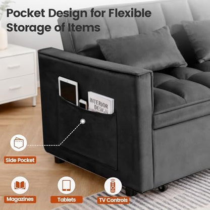 Sleeper Sofa Bed with Adjustable Backrest & Side Pockets, Black | Adjustable Backrest & Side Pockets,Pull Out Sofa,Comfortable Fabric - color: S-black-mos