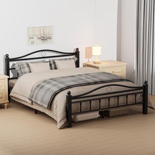 Metal Queen Bed Frame with Headboard | 1500LBS Heavy Duty, With Footboard, No Box Spring Needed, Noise Free, 12'' Under-Bed Storage, Tool-Free Assembly - size: Queen