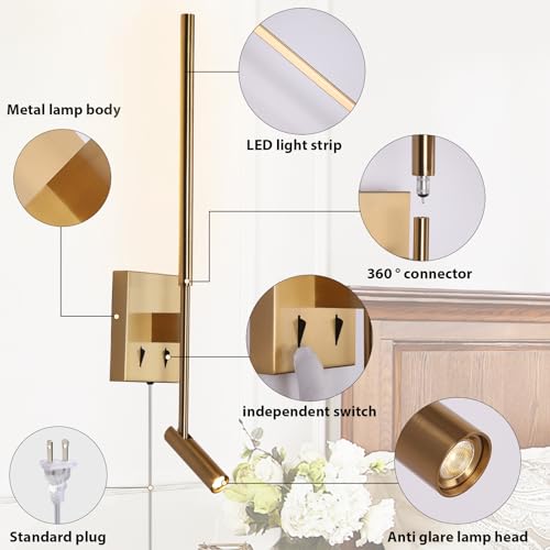 ZEROUNO Modern Plug in Wall Sconce Set of 2, Gold LED Wall Mounted Reading Lamp with Switch, Minimalist Linear Wall Light Fixture with 5.9FT Clear Cord for Bedroom Living Room Hallway Decor - color: Gold, size: 2-PCS