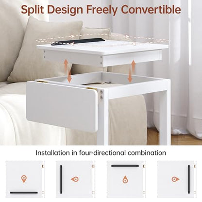 C Shaped End Table for Couch Rolling Side with Wheels White | Wood, Desk Tv Tables, with Folding Desktop, Lockable Wheel, with Hidden Storage, for Living Room, Bedroom - color: White