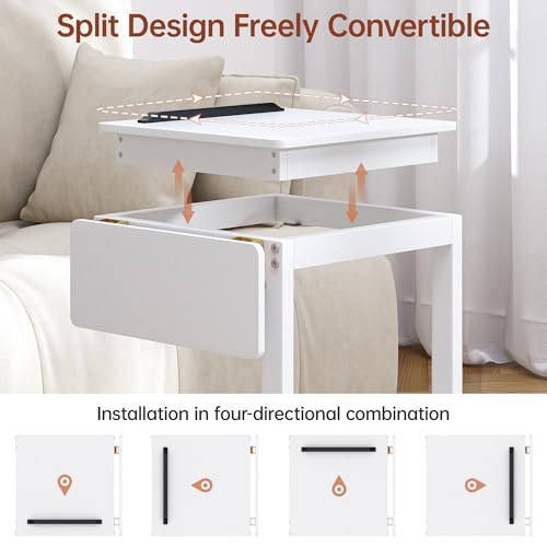 C Shaped End Table, Rolling Side Table with 4-Way Convertible Desktop, Wooden C Table with Multi-functional Folding Tray & Lockable Wheels, Side Table for Couch, Living Room, Bedroom, White - color: White 01