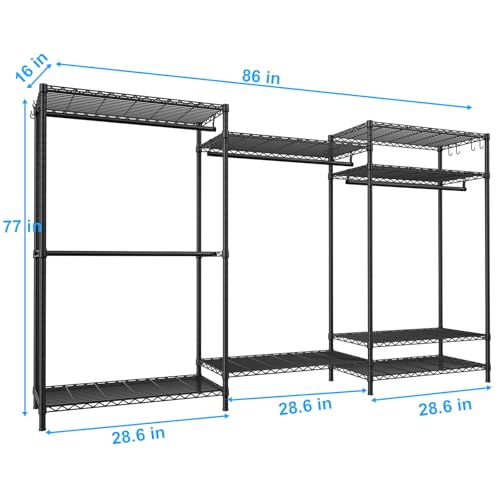 E13 Max Heavy Duty Clothes Rack（With 4 Hanger Rods & 8 Shelves） Freestanding Clothing Racks for Hanging Clothes，Adjustable Closet，Metal Garment Rack 86" W x16 D x77 H，Max Load 1100LBS，Black - color: Black, size: E13 Max