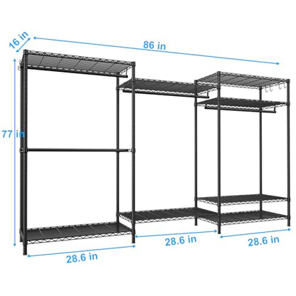E13 Max Heavy Duty Clothes Rack（With 4 Hanger Rods & 8 Shelves） Freestanding Clothing Racks for Hanging Clothes，Adjustable Closet，Metal Garment Rack 86" W x16 D x77 H，Max Load 1100LBS，Black - color: Black, size: E13 Max