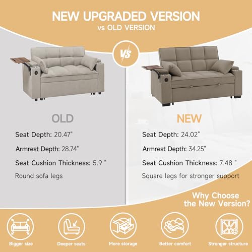 65" 3-in-1 Sofa Bed, Pull Out Sleeper Sofa with 360° Swivel Side Table, Storage Armrests, Cup Holders & USB Charging Ports, Chenille Convertible Couch for Living Room - color: 1007-khaki-