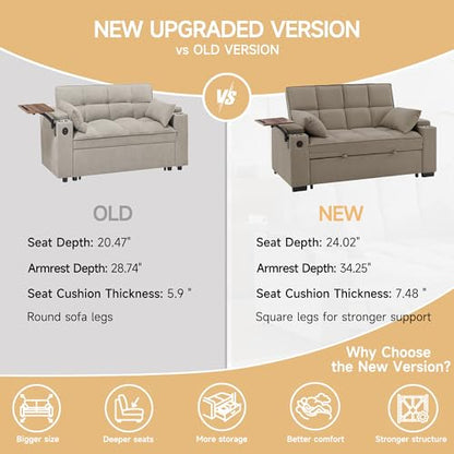 65" 3-in-1 Sofa Bed, Pull Out Sleeper Sofa with 360° Swivel Side Table, Storage Armrests, Cup Holders & USB Charging Ports, Chenille Convertible Couch for Living Room - color: 1007-khaki-