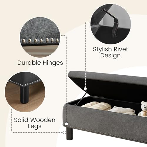 Storage Bench, Upholstered Linen Ottoman Bench with Button-Tufted, Folding Bedroom Bench with Wood Legs, Entryway Bench for Bedroom, Grey - color: Grey