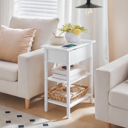 HOOBRO End Table with Charging Station, Narrow Side Table, Flip Top Nightstand with USB Ports and Outlets, Bedside Tables with Shelf for Small Spaces, Living Room, White WT341BZ01 - color: White
