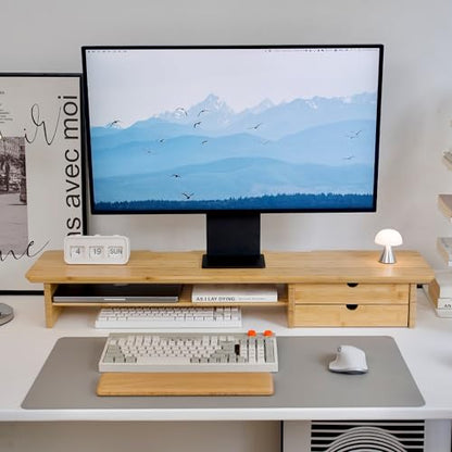 Bamboo Dual Monitor Stand, Natural Desk Shelf with Storage | 39.3 inch Monitor Riser with 2 Drawers, Desk Stand with Cable Management for Home Office, Printer, Laptop