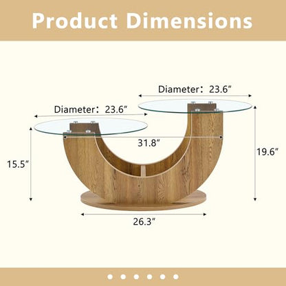 Modern Glass Coffee Table, 31.8" U-Shaped Wood Base Side Table with Tempered Glass Top, 2-Tier Round Accent Table with Natural Wood Finish for Living Room, Bedroom, Office - color: Natural Wood, size: 31.8" U-Shaped