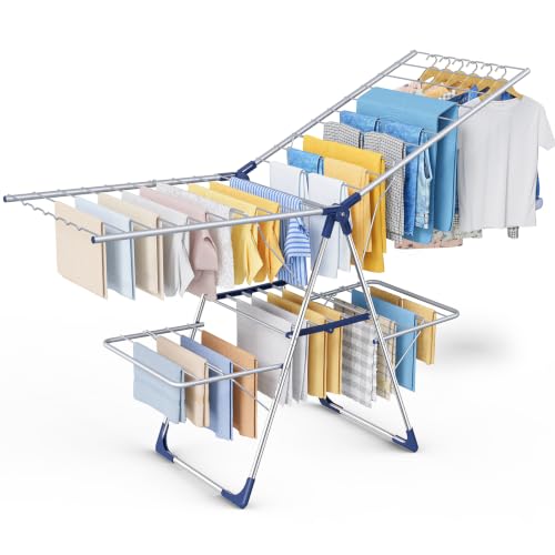 Sakugi Clothes Drying Rack, Foldable 2-Level with 70" Adjustable Wings | Laundry Room, Bedroom, Indoor & Outdoor Use, Height Adjustable, Clothing & Bedding, 70.0" L × 22.8" W, Silver and Blue - color: Silver and Blue, size: X-Large (70"L x 22.8"W x 36.6"H