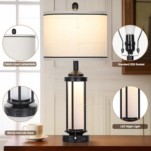 Rinweey Table Lamps Set of 2, Black Farmhouse Rustic Industrial Table Lamp with USB A+C Ports & AC Outlet, 26" Modern Bedside Lamps with LED Night Light & Linen Fabric Lampshade, Lamps for Bedroom - color: Black-5