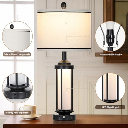 Rinweey Table Lamps Set of 2, Black Farmhouse Rustic Industrial Table Lamp with USB A+C Ports & AC Outlet, 26" Modern Bedside Lamps with LED Night Light & Linen Fabric Lampshade, Lamps for Bedroom - color: Black-5