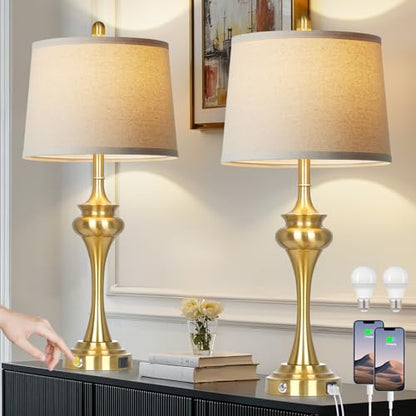Rinweey 30" Gold Tall Table Lamps for Living Room, Touch Control Modern Bedroom Table Lamp with USB A+C Ports, 3-Way Bedside Lamps Set of 2, Elegant Metal Lamp for Night Stand Desk Side Table Office - color: Gold-30”H