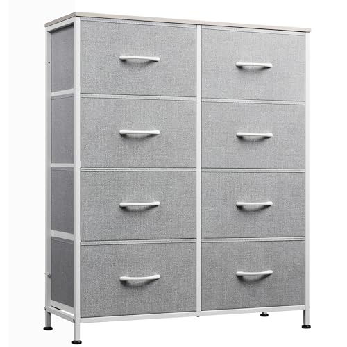 WLIVE Fabric Dresser for Bedroom, Tall Dresser with 8 Drawers, Storage Tower with Fabric Bins, Double Dresser, Chest of Drawers for Closet, Playroom, Dormitory, Light Grey | 8-drawer tall storage tower with fabric bins and wood tabletop, breathable non-wo