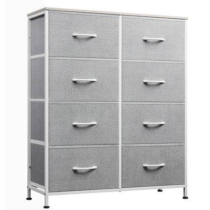 WLIVE Fabric Dresser for Bedroom, Tall Dresser with 8 Drawers, Storage Tower with Fabric Bins, Double Dresser, Chest of Drawers for Closet, Playroom, Dormitory, Light Grey | 8-drawer tall storage tower with fabric bins and wood tabletop, breathable non-wo
