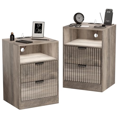 Fluted Nightstand Set of 2, LED Nightstand with Charging Station, Wood Nightstands with 2 Drawers & Metal Handles, Modern Bedside Table & End Tables, Farmhouse Night Stands for Bedroom, Grey - color: Grey, style: LED 2 Drawers-2 PCS