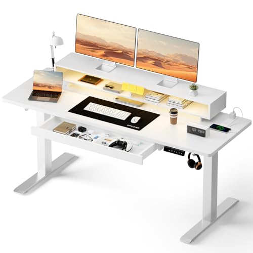 GTPLAYER Electric Standing Desk with Drawers, 55 x 24 Inch Height Adjustable Gaming Desk with Monitor Stand, Power Outlets & LED Lights, Home Office Sit Stand Up Desk with Memory Preset (White) - color: White, size: 55*24"
