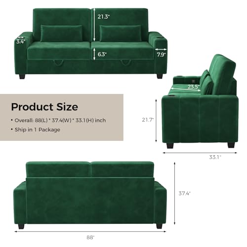 COPIAE Loveseat Sofa, Larger Couch Velvet Fabric with Storage, Charging Ports, Heightened Backrests, Removable Cover Modern Comfy Couches Easy Assembly for Living Room, 88 Inch Green - color: Green
