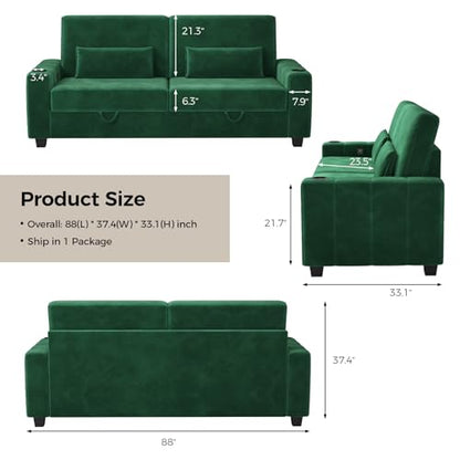 COPIAE Loveseat Sofa, Larger Couch Velvet Fabric with Storage, Charging Ports, Heightened Backrests, Removable Cover Modern Comfy Couches Easy Assembly for Living Room, 88 Inch Green - color: Green