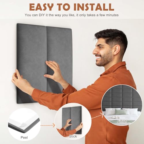 IFNOW Wall Mounted Headboard, Peel and Stick Panels, Dark Grey, Queen | Upholstered 3D Soundproof Acoustic Panels, Reusable and Removable, Padded Leather Bed Headboard, 6 Panels, 9.84" x 23.62" - color: Leather-dark Grey, size: Twin