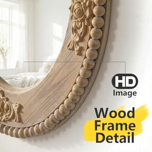 sawsile Round Wood Mirror,24 inch Circle Rustic Farmhouse Natural Wooden Frame Boho Beads Wall Mirror for Bathroom,Living Room,Bedroom or Entryway - color: Brown, size: 24"L x 24"W
