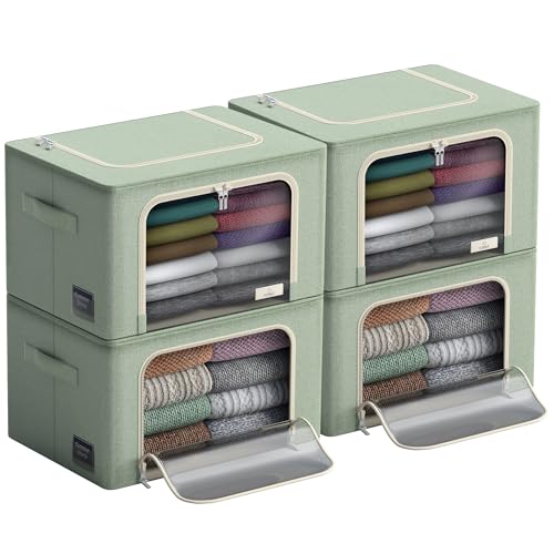 Sorbus Storage Bins with Metal Frame - Stackable & Foldable Clothes Organizer Bags - Oxford Fabric Storage Containers with Large Clear Window & Carry Handles Organization for Bedding Linen & Clothing - color: Teal, size: 4 Pack