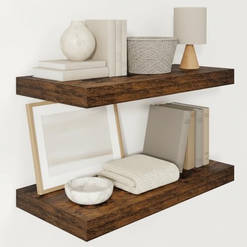 Vivelove 12" Deep Floating Shelves 24x12” Set of 2, Rustic Brown | Easy Install With Hardware, 2" Thick, Invisible Brackets, Wall Mounted, No Sagging, For Any Room - color: Rustic Brown, size: 24”wx12”dx2”h