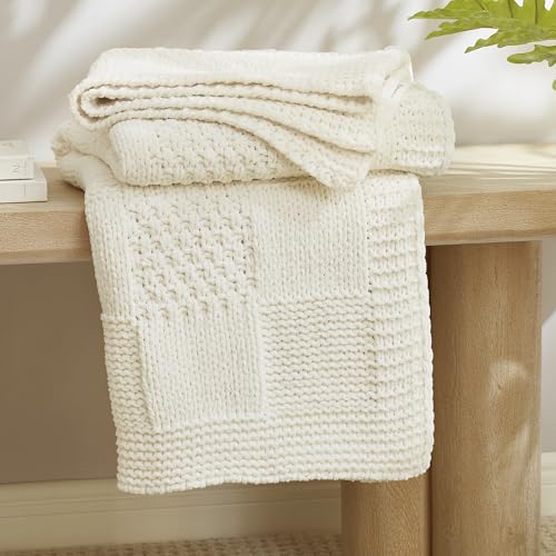 Knit Throw Blanket, Soft Chenille Cozy Breathable Checkered Chunky Decorative Blanket for Couch, Bed & Sofa, French-Inspired Lightweight Warm Gift for Women, Ivory, 60"x80" - color: Checkered Ivory, size: Checkered Knit 60"x80"