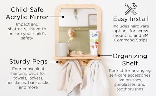 Montessori Wooden and Acrylic Wall Mirror with Hooks for Toddlers - Entryway Mirror with Hooks and Shelf Organizer Self-Care Station