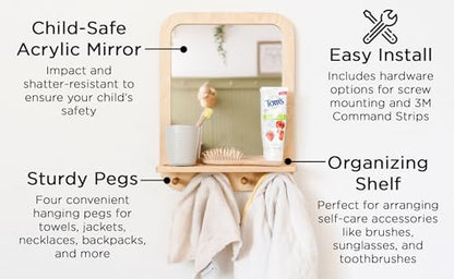Montessori Wooden and Acrylic Wall Mirror with Hooks for Toddlers - Entryway Mirror with Hooks and Shelf Organizer Self-Care Station