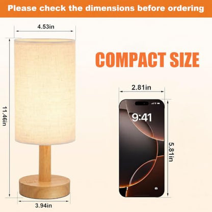 Rechargeable Cordless Touch Table Lamp with Stepless Dimming,Natural Wood Base&Linen Shade,Small Battery Wireless Ambient Night Light for Bedroom,Bedside,Nightstand,Nursery,Kitchen,Camping,Outdoor - size: Round - Cordless Touch - Set of 1