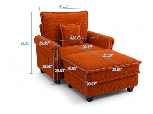 42-inch Nailhead Trim Sofa with Ottoman, Modern Corduroy Small Couch with Rolled Arms, Single Sofa Chaise Lounge for Living Room, Bedroom, Farmhouse Decor (Orange) - color: Orange