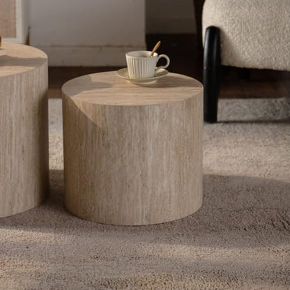 18.9" Nesting Coffee Table Set of 2, Modern Round Coffee Tables Circle Center Table for Living Room Apartment Small Space, Accent End Table Set, No Assembly (Amber) - color: 18.9" White Wood Grain