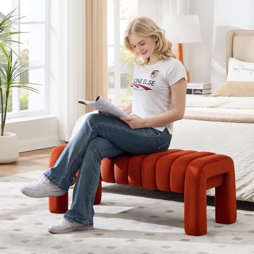 43.3" Bedroom Bench, Upholstered Entryway Bench, Modern End of Bed Ottoman with Solid Wood Legs and Adjustable Foot Pegs for Entryway, Dining Room and Living Room (Rust Velvet) - color: Rust Velvet, size: 43.3"