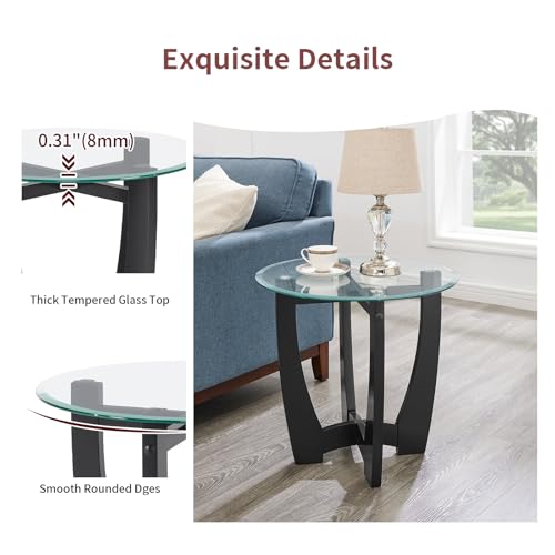 Glass End Table, 23.5" Round Side Tables with Tempered Glass Top Cross and Solid Wood Base Small Night Stand for Living Room Office Apartment Black - color: D-2, size: Round