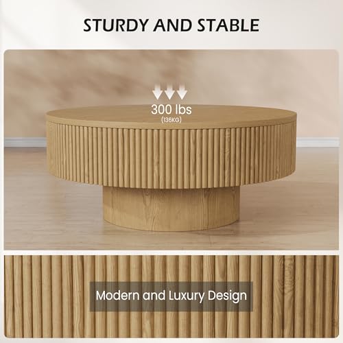 YOUDENOVA 31.5” Round Fluted Coffee Table, Modern Wood Circle Coffee Table, Veneer Handcrafted Relief Tea Table with Sturdy Pedestal for Living Room - Natural - color: 31" Natural-round