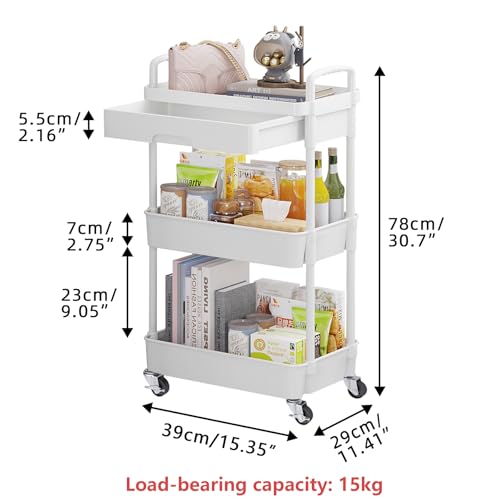 Calmootey 3-Tier Rolling Utility Cart with Drawer,Multifunctional Storage Organizer with Plastic Shelf & Metal Wheels,Storage Cart for Kitchen,Bathroom,Living Room,Office,White | Space-Saving Organizer, Sturdy Plastic Shelves, Smooth-Rolling Metal Wheels,