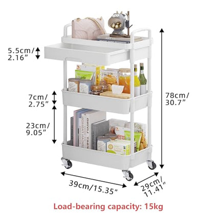 Calmootey 3-Tier Rolling Utility Cart with Drawer,Multifunctional Storage Organizer with Plastic Shelf & Metal Wheels,Storage Cart for Kitchen,Bathroom,Living Room,Office,White | Space-Saving Organizer, Sturdy Plastic Shelves, Smooth-Rolling Metal Wheels,