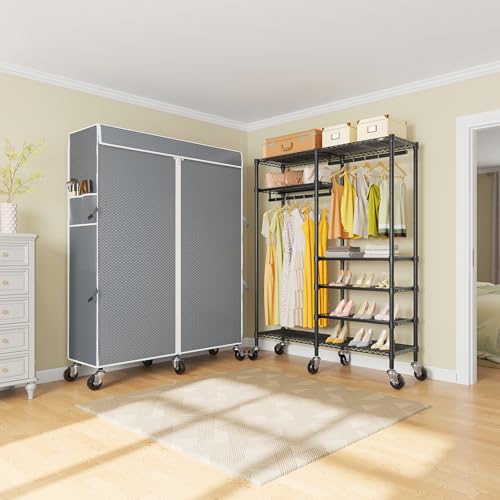 VIPEK R4C Rolling Clothes Rack with Cover, Portable Garment Rack on Wheels | Grey Zippered Polyester Cover, 360° Movable Wheels, Heavy Duty Clothing Rack with 6 Metal Wire Shelves, Max Load 620 lbs - color: Black Rack with Grey Cover, style: R4C