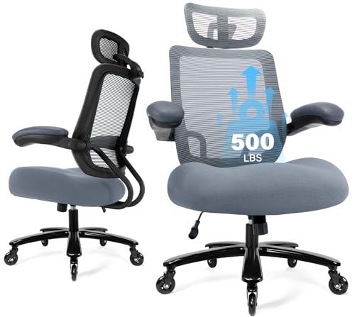 500lbs Big and Tall Office Chair - Heavy Duty Mesh Ergonomic Desk Chair with Headrest, High Back Computer Chair - Flip-up Armrests, Wide Thick Seat Cushion, Quiet Wheels, Grey - color: Grey With Headrest