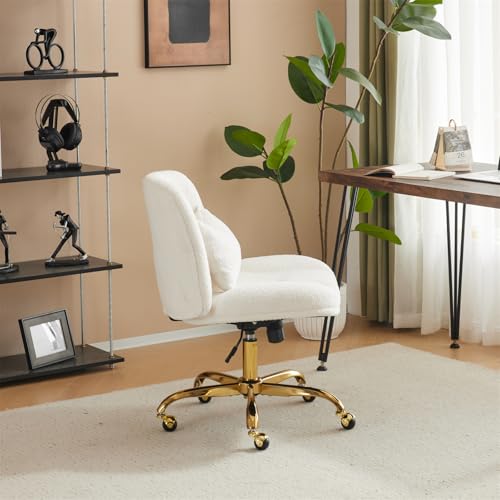 VINGLI Wide Criss Cross Legged Office Chair,Buttprint Ergonomic Desk Chair Comfy with Pillow&Gold Base,Dual-Use with/no Wheels,Adjustable Vanity Swivel Chair for Bedroom,Home Office,Teddy Fleece,White - color: Cherished White