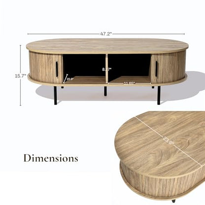 LuxenHome 47" Oval Coffee Table with Storage and Sliding Door | Mid Century Modern Coffee Table for Living Room, Sliding Door Center Table with Hidden Storage Space, Metal Legs