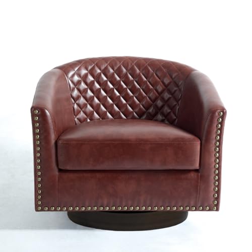 Faux Leather Swivel Accent Chair, Modern Barrel Club Chair, Red Brown | Comfy Living Room Chair, Modern Nailhead Trim Round Armchair Bedroom Reading Seat with Removable Cushion, Wood Frame - color: Red Brown